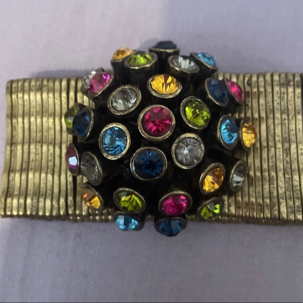 VINTAGE FRUIT SALAD AND BRASS COLOR STRETCH BRACELET BLING WITH A BRUTALIST EDGE
